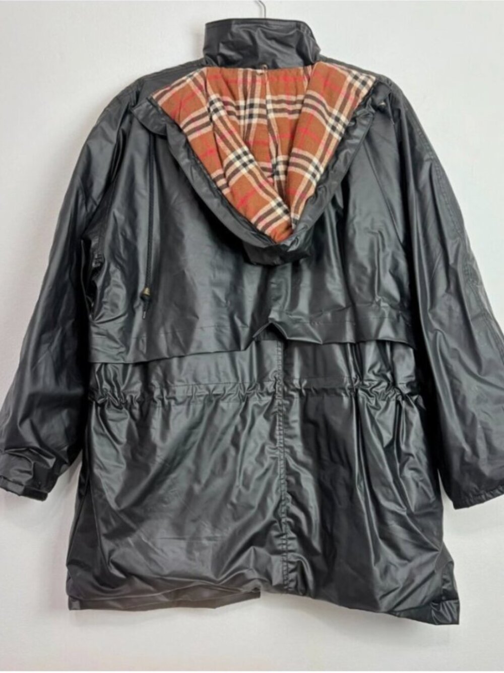 Vintage Totes Black Raincoat Parka Jacket Medium Waterproof Plaid Lined Hood 90s